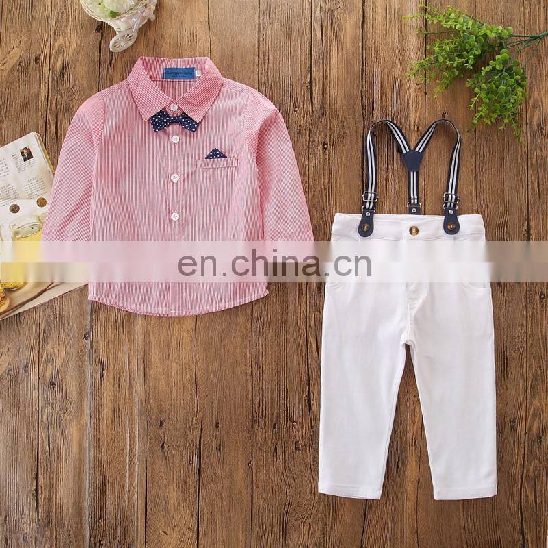 Baby Boy Gentry Outfit Kids Stripe shirt + white suspender pants 2PCS Set for 2-7T