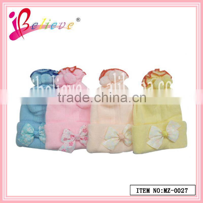 Lovely baby products wholesale ribbon bow ornament soft material flat bill wool knit winter beanie hat (MZ--0027)