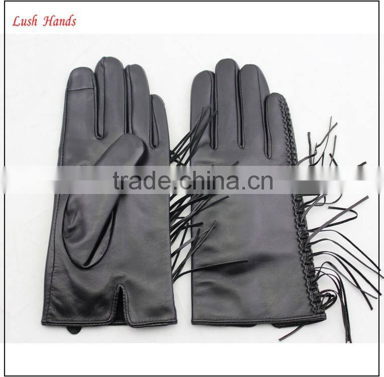 genuine black thin fringed leather gloves with polyester lining