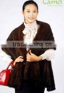 Camel9017 Women Genuine Knitted Mink Shawl with Falbala Trimming