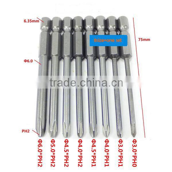 8size=one Set 75mm length Magnetic Long Hex Cross Head Screwdriver Bits Set Electric screwdriver AR-37