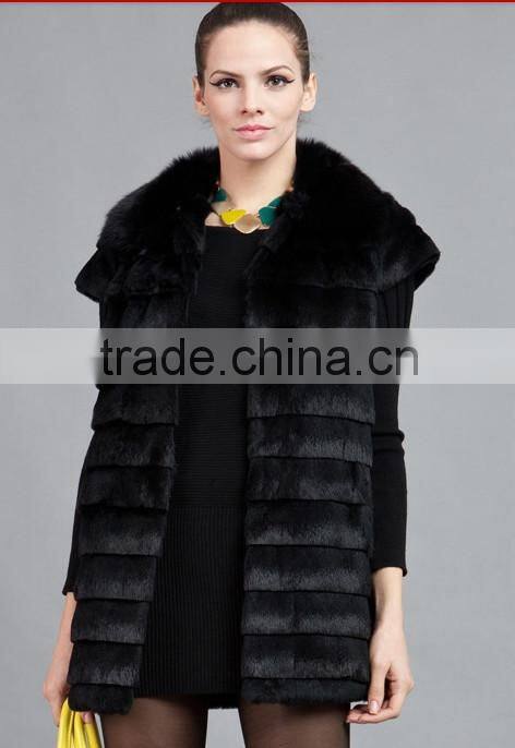 rex14058 new style fashion women rabbit fur vest black
