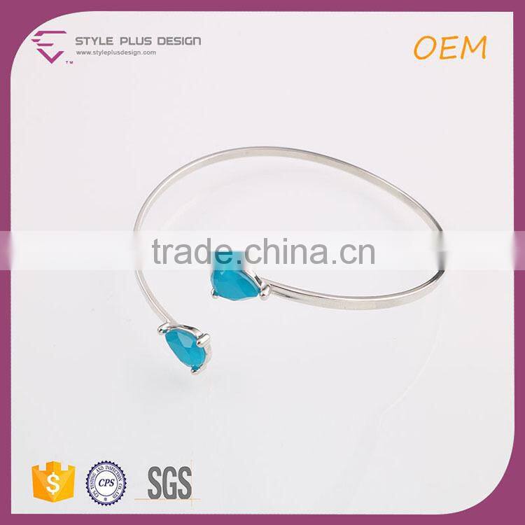 G69637K04 STYLE PLUS gold plate thin alloy open bracelet with blue stone two ends fashion blue emerald stone bangle
