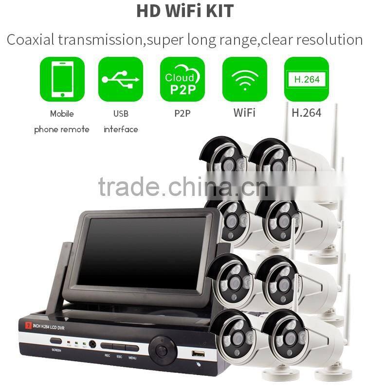 Vitevison H.264 8ch wifi NVR Kit 8 Channel HD Wireless Outdoor Camera Home Security System with 7inch Display Screen