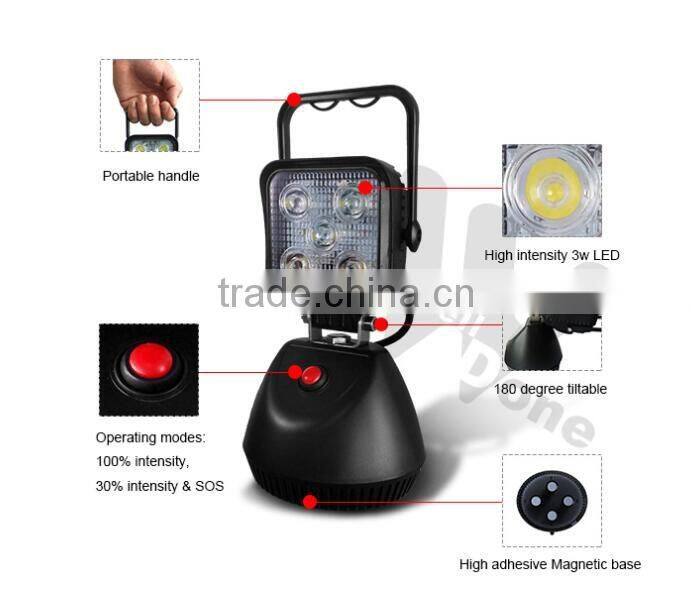 3.7" 15W battery DC or car charge portable brightnees adjustable rechargeable magent inspection camping LED work light