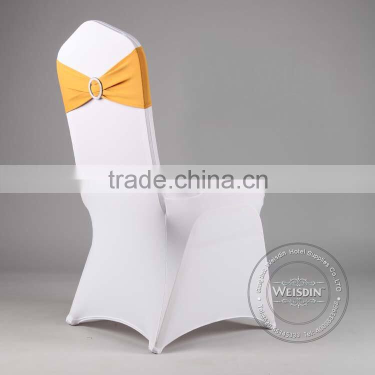 Top quality shirred lycra spandex chair cover with diamond buckle wholesale wedding chair cover with plume sash