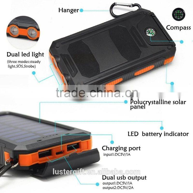 2016 Trending Products 10000mAh Lithium Polymer Battery IP67 Waterproof Solar Power Bank With Flashlight Compass for Outdoor