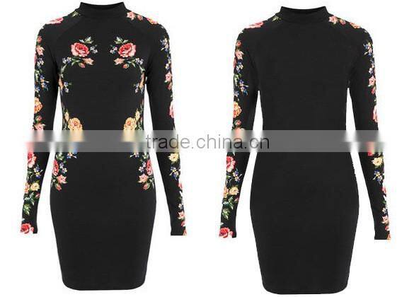 2016 Autumn New Arrival 3D Floral Print Stand Collar Bodycon Dresses Black Long Sleeve Midi Dresses OXL141117
