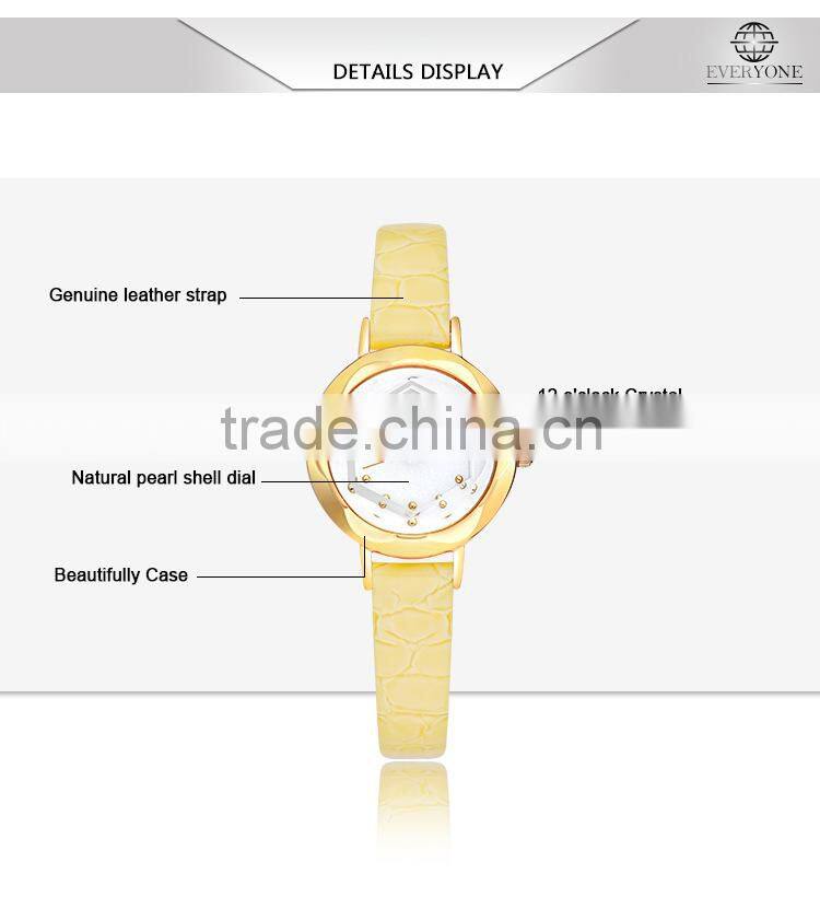 Fashion lady flower dial genuine leather white yellow brown pointer 30m waterproof lady wrist watch