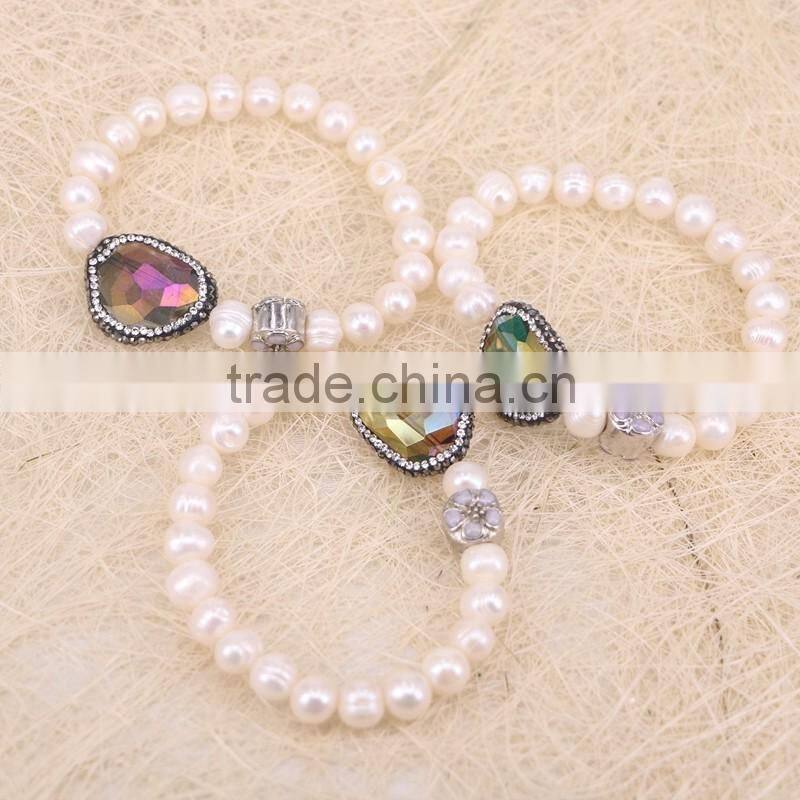 Freshwater Pearl Beads with Pave Crystal Glass Spacer Gem Bracelets, Mother Of Pearl Beaded Druzy Bracelet