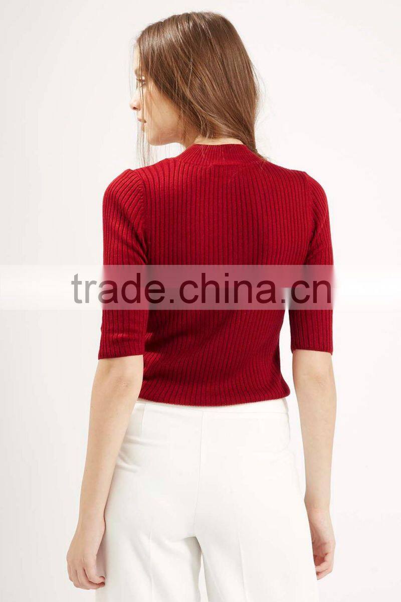 women crop knit clothes slim-fit sweater Ribbed Funnel Neck knit or crochet clothing