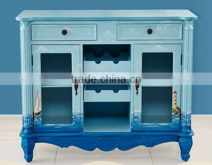 Mediterranean Style Sideboard, Sailing Boat Handpainting Dining Room Cupboard, Wooden Double Door Kitchen Cabinet (BF01-X1150)