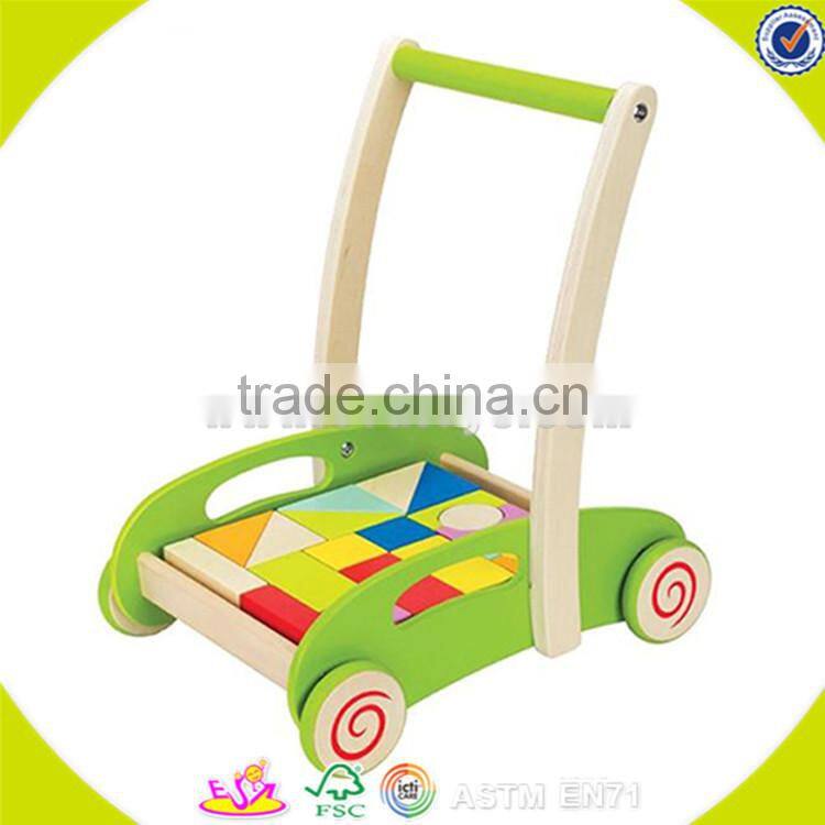 Wholesale top quality wooden baby blocks cart toy colorful wooden baby blocks cart push walker W16E027
