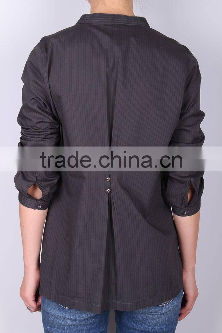 Women ruffle placket blouse , yarn dye long sleeve blouse/tops