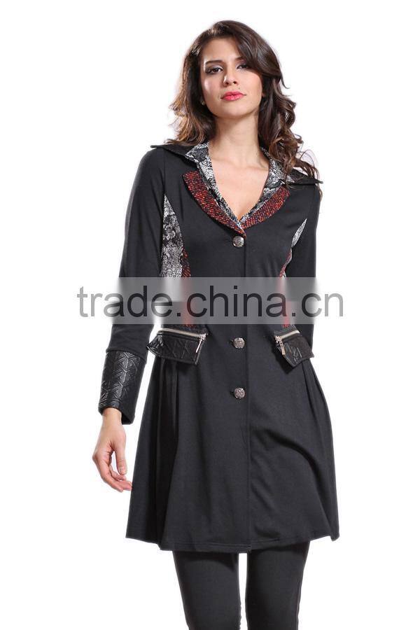2014 Hot Sale Ladies Black Lapel Buttons Front Jacket With Leather Insert