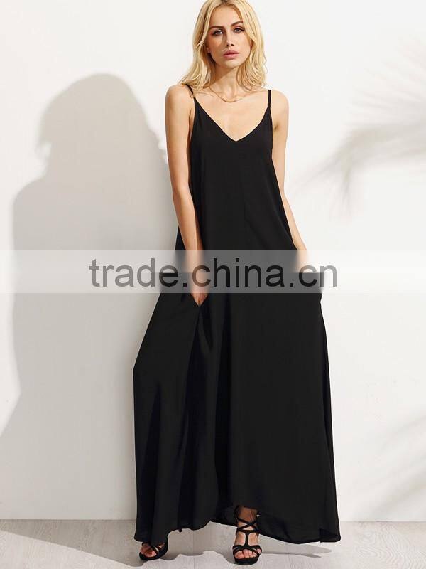 Woman Black Summer Sleeveless Spaghetti Strap Maxi Beach Shift Dress