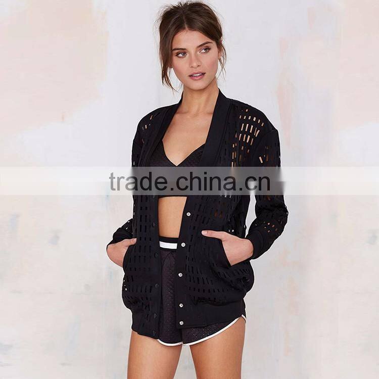 HAODUOYI Autumn Sexy Hollow Out Black Long Sleeve Button Down Mesh Bomber Jacket Casual Coat