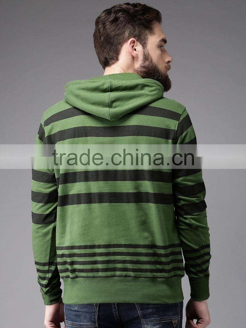 Green Black Striped Hooded Sweatshirt Custom Wholesale Long Sleeves Kangaroo Pocket Ribbed Hem Sweater 60% Cotton 40% Polyester