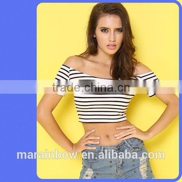 2015 new arrival fashion short sleeve striped off shoulder women crop tops sexy cotton spandex slim fit crop top tee