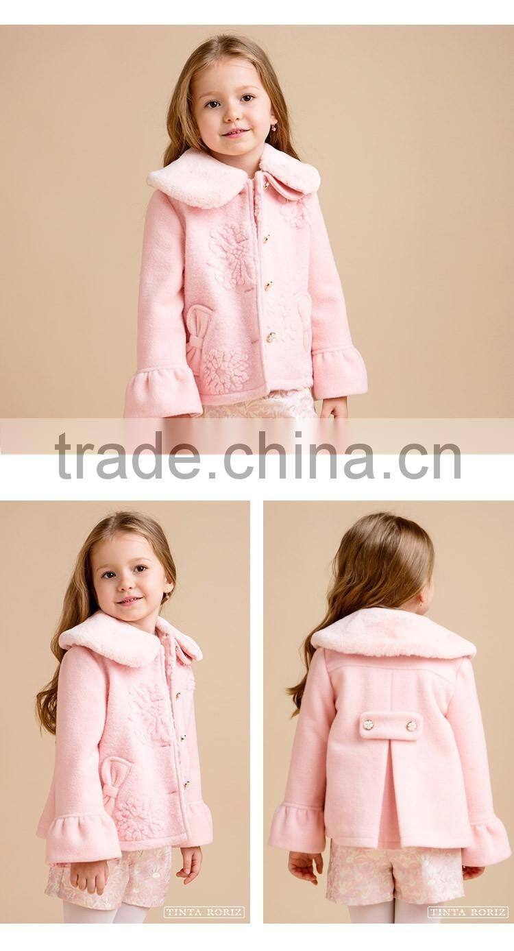 Girls Winter Coat Jacquard Woolen Outwear With Puff Sleeve Designs For Girl Kids Clothes Wholesale