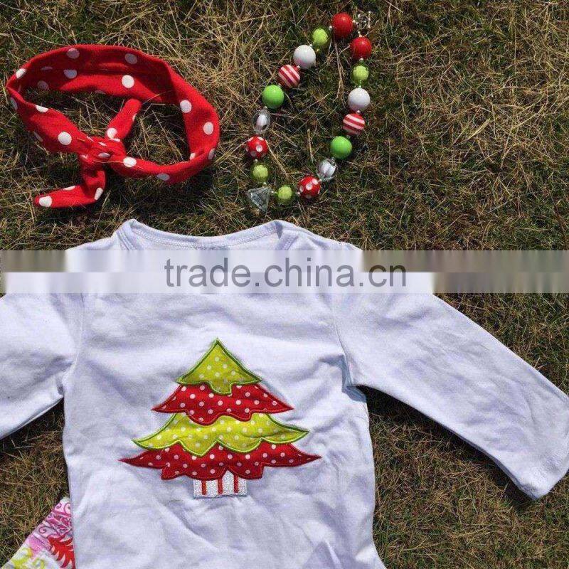 new design Christmas kids clothing winter clothes hot sell Christmas tree embroider white top ruffle pant with matching headband