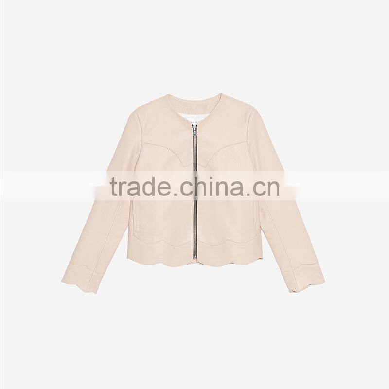 2017 newest simple style round neck wavy hem short leather jacket women