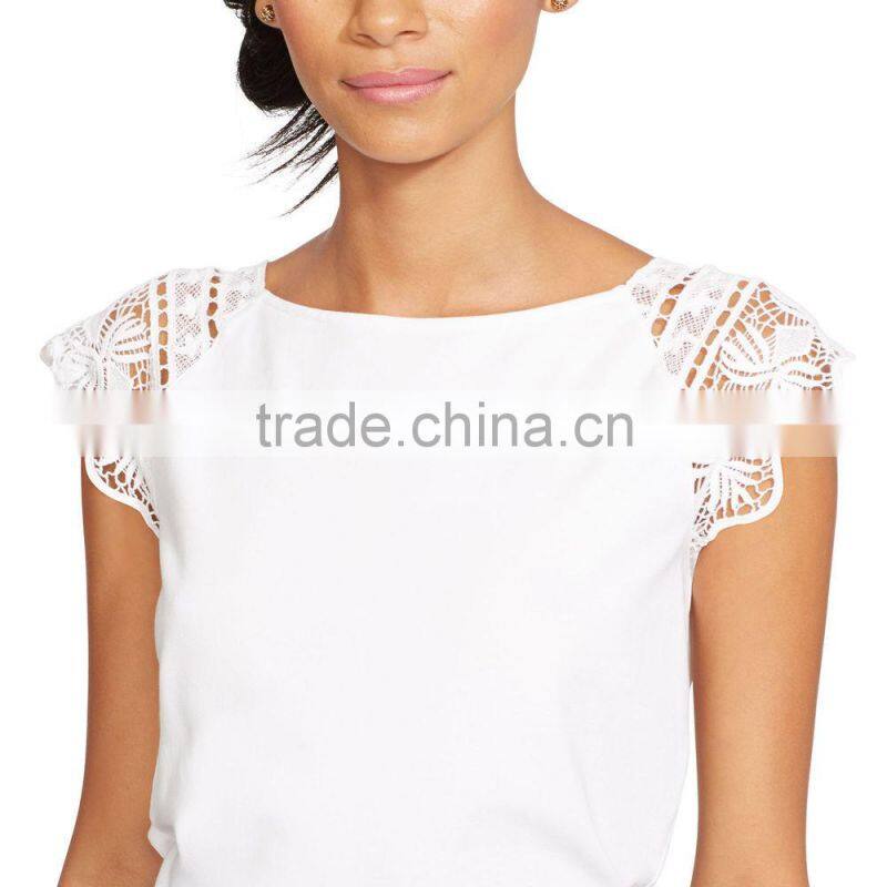 Stylish Lace Sleeves Cotton Top for Ladies Ballet Neckline White OEM T Shirt Women