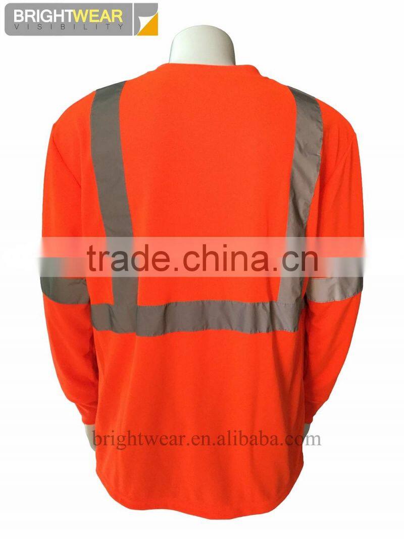 HV orange long sleeve sew-on reflective tape ANSI manufacturer security T-shirt