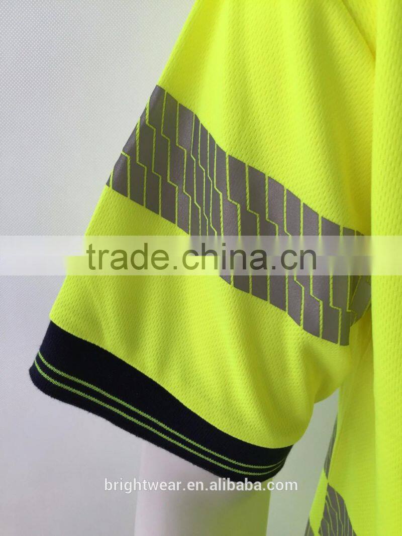Men's fluorescent two-tone protective reflective generic segmented tapes UPF bulk safety polo shirt