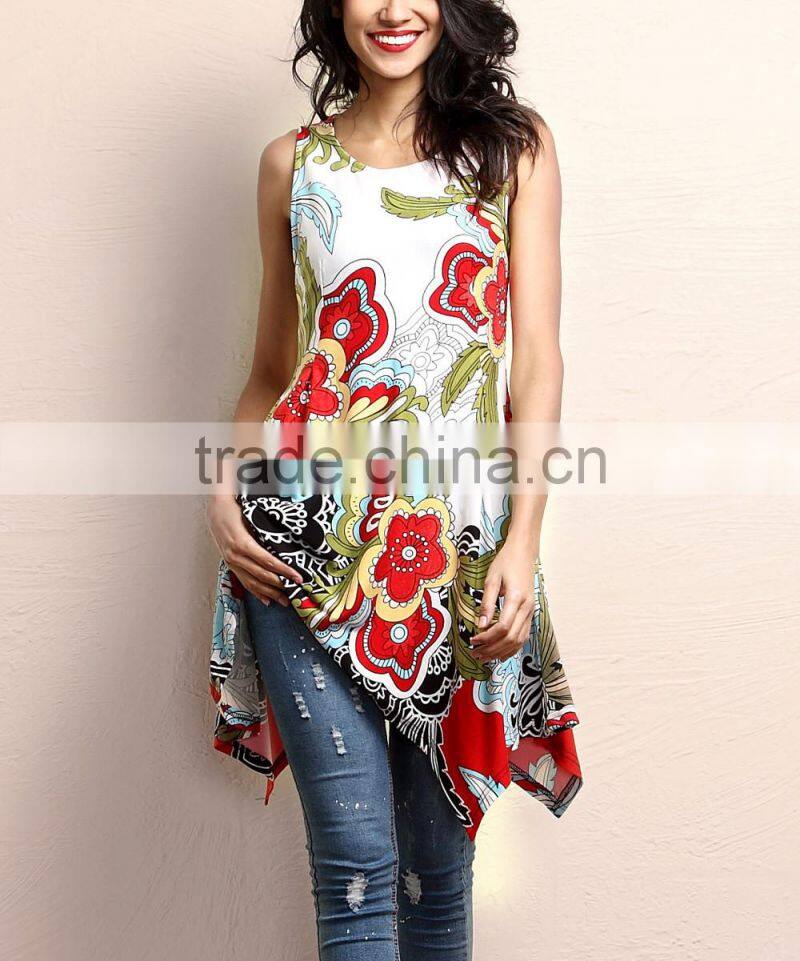 New Summner Women Tops With White And Red Floral Sleeveless Handkerchief Tunic Women Blouse Women Clothes GD90426-14