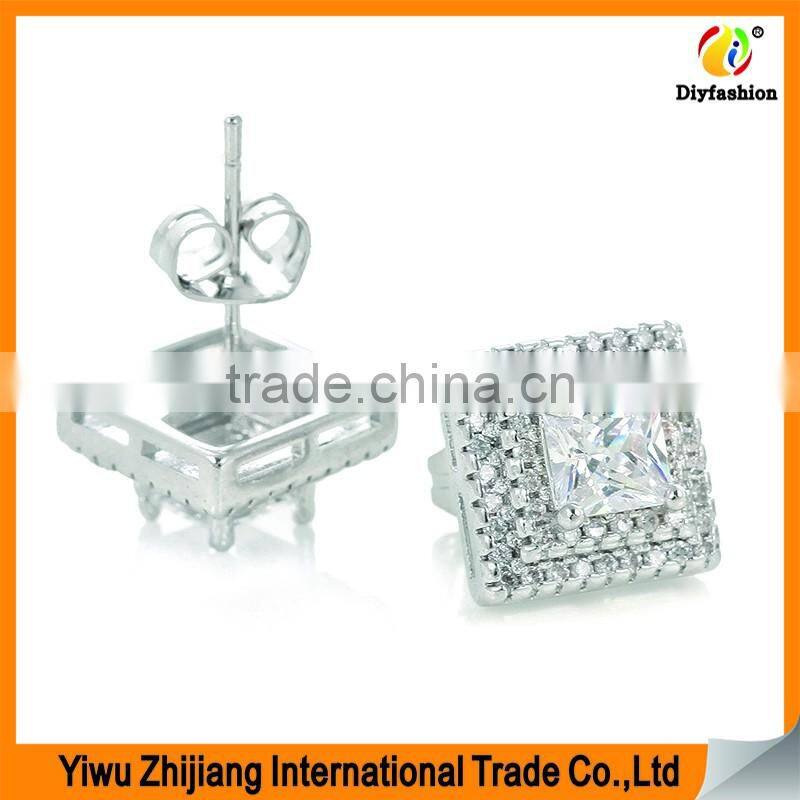 Double row diamond Set square zircon Platinum plating Zircon stud earrings