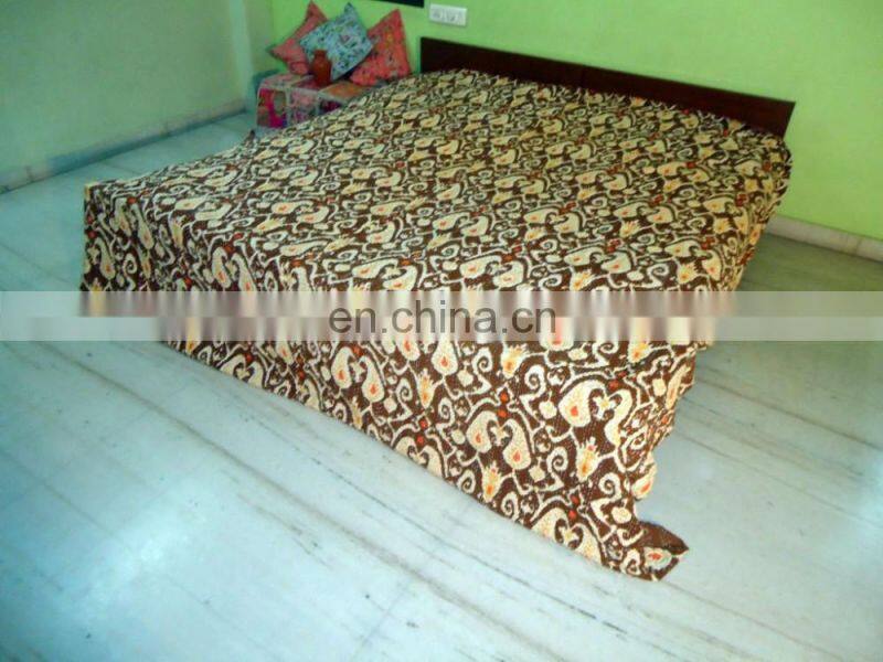 Indian Ikat Kantha Quilt Queen Size Throw Gudri Ikat Kantha Bedspread
