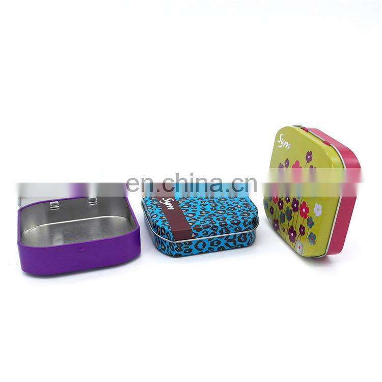 Custom design printed sanitary pad metal tin/small tin case for candy with hinged lid