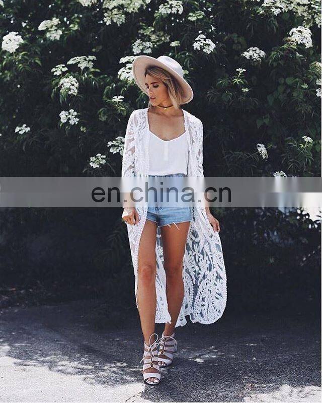 Sexy See Through Three Quarter Sleeve Long Kimono Cardigan Plus Size Women Beachwear Tops And Blouse Shirts Lace Pareo