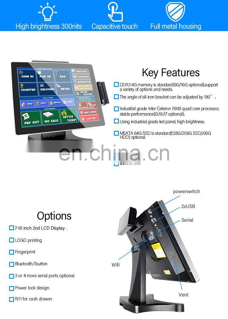 15" True Flat Touch Screen Monitor POS System Built-in VFD Customer Display Removable hard disk