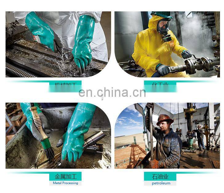 15 mil Custom Printed Heavy Long Cuff Green Flock Lined Nitrile Gloves Chemical Industrial Acid Alkali Resistant Gloves