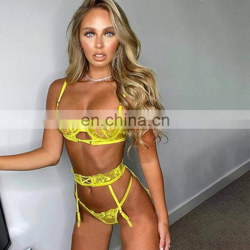 Lace See through Lingerie with Steel Ring Gathered Push up Bra Sexy Bra and Panties Sets