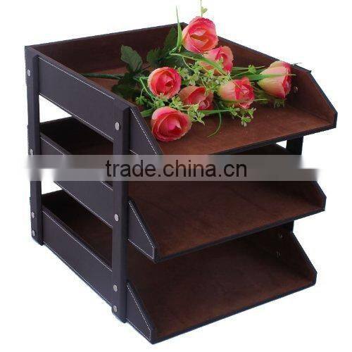 3 layers PU Leather file tray,Classic coffee faux leather magazine rack for office use