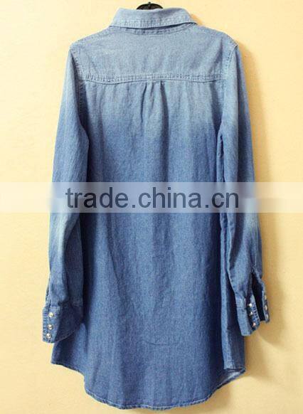 ladies cotton polo collar skirt solid color long sleeve jean blouse