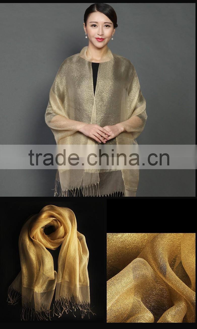 custom design fashionable metal style double-layer organza fabric colorful silk scarf ,silk shawl women made in china wholesale