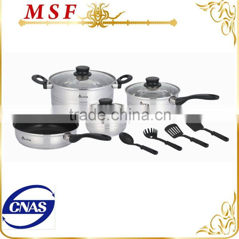 MSF-3947 FDA LFGB CNAS test approved cookware set 11pcs stainless steel cookware set with nylon kitchen tools