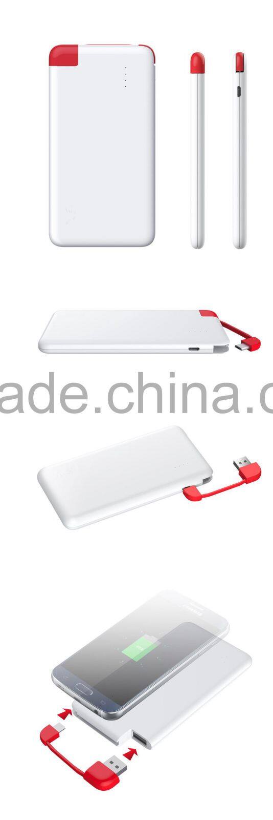 Ultra Slim Polymer battery 10000mAh power bank built-in cable High quality with CE/ROHS/FCC certificates