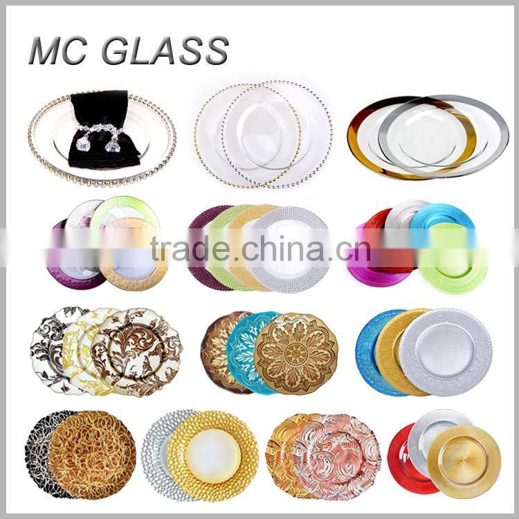 Hot New Wedding Purplish Blue Peacock Design Glass Charger Plate Wholesale