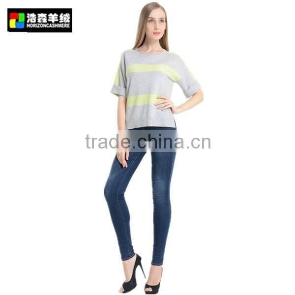 Roll Neck Short Sleeve Pullover with Pea Green Stripe, Fancy Grey Half Sleeve Cashmere Pullover