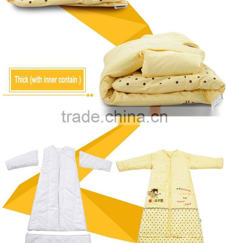 Children's 100% cotton baby sleeping bag detachable sleeve and detachable cotton fillings quilt for four seasons yellow color