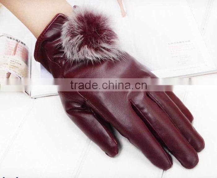 New Hot Fashion Ladys Womens Gloves PU Leather Cute Rabbit Fur Ball Warm Winter Gloves Mittens