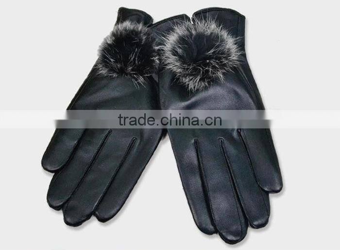 New Hot Fashion Ladys Womens Gloves PU Leather Cute Rabbit Fur Ball Warm Winter Gloves Mittens