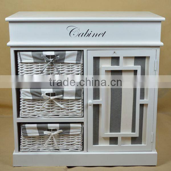 English bulk wooden storage cabinet with wicker baskets with handle