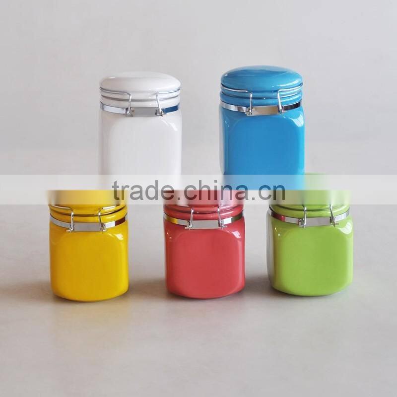 Colorful Solid Square Ceramic Jar with Lid, Ceramic Canister For Fruit and Honey
