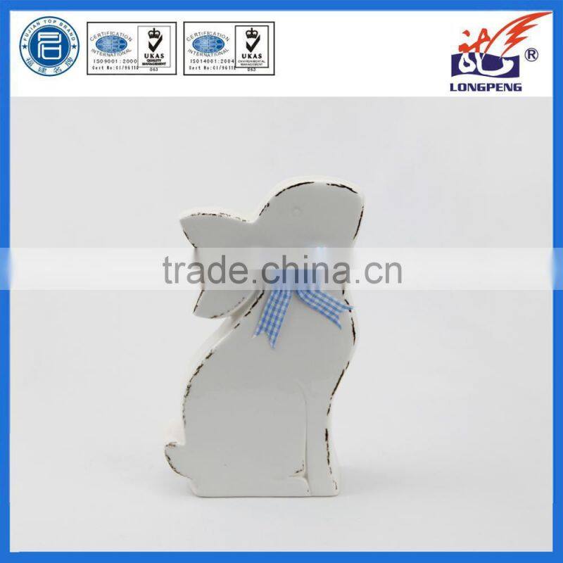 Ceramic Rustic Look Easter Bunny Rabbit Figurine with Blue Bow